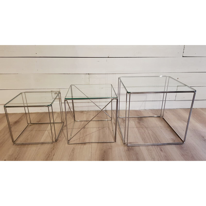 Vintage cubic nesting tables in glass and chrome by Max Sauze