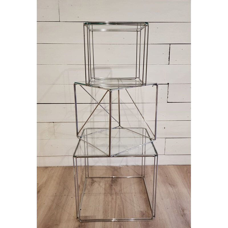 Vintage cubic nesting tables in glass and chrome by Max Sauze