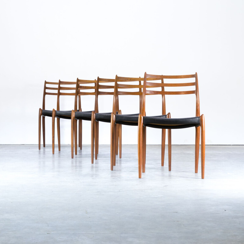 Set of 6 vintage model 78 black chairs for J.L. Møller in teak