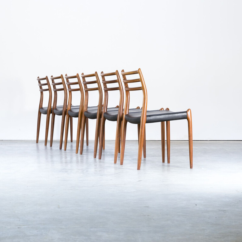 Set of 6 vintage model 78 black chairs for J.L. Møller in teak
