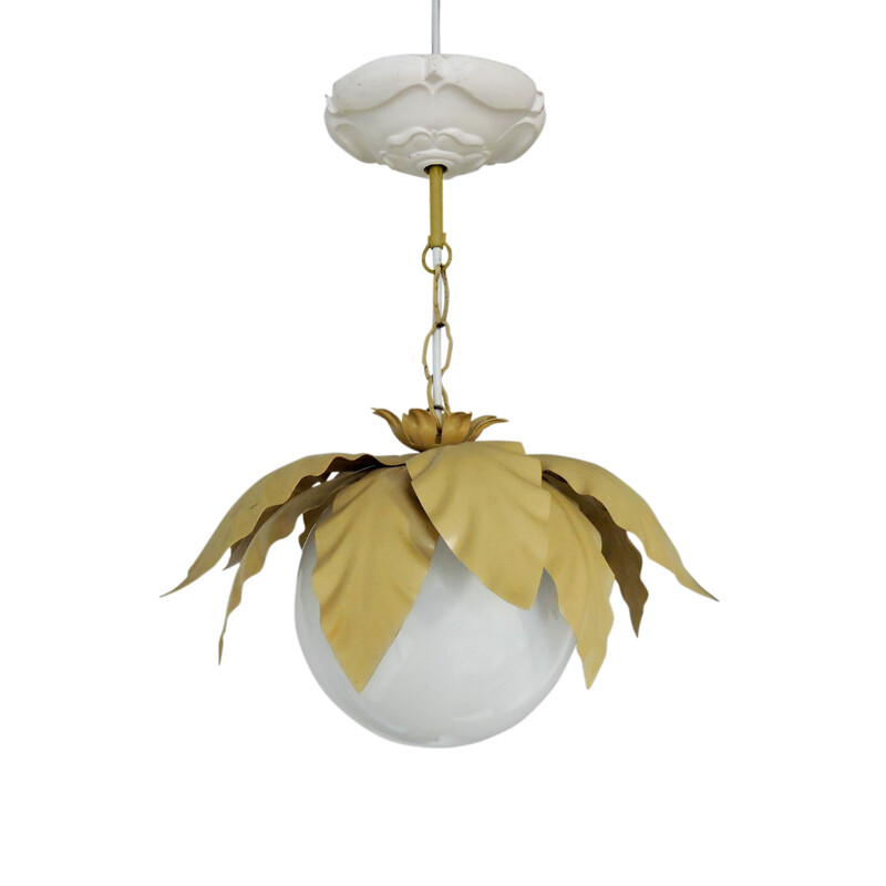 Vintage gold and white leaf ceiling lamp in glass and metal 1970