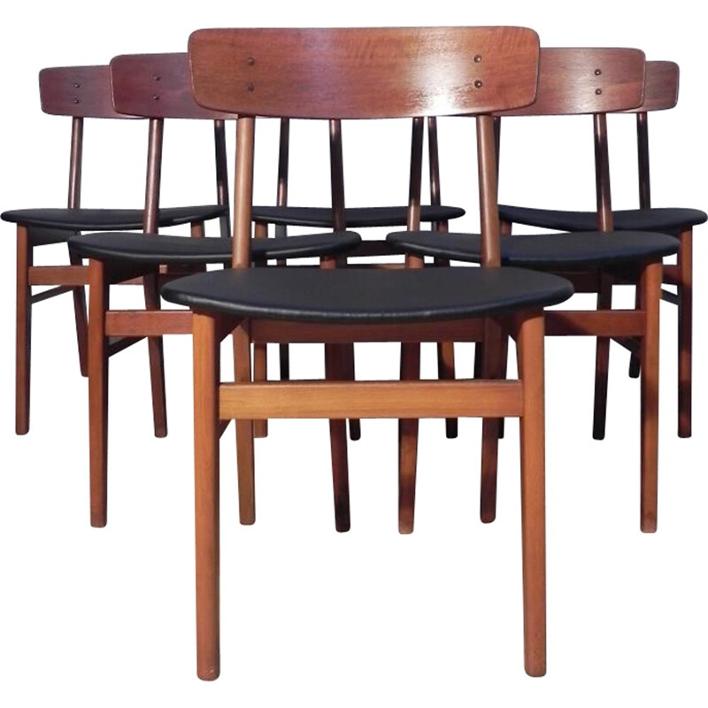 Set of 6 scandinavian chairs in teak and black leatherette - 1960s