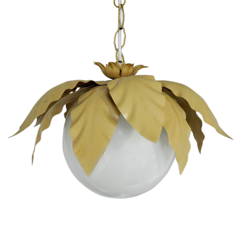 Vintage gold and white leaf ceiling lamp in glass and metal 1970