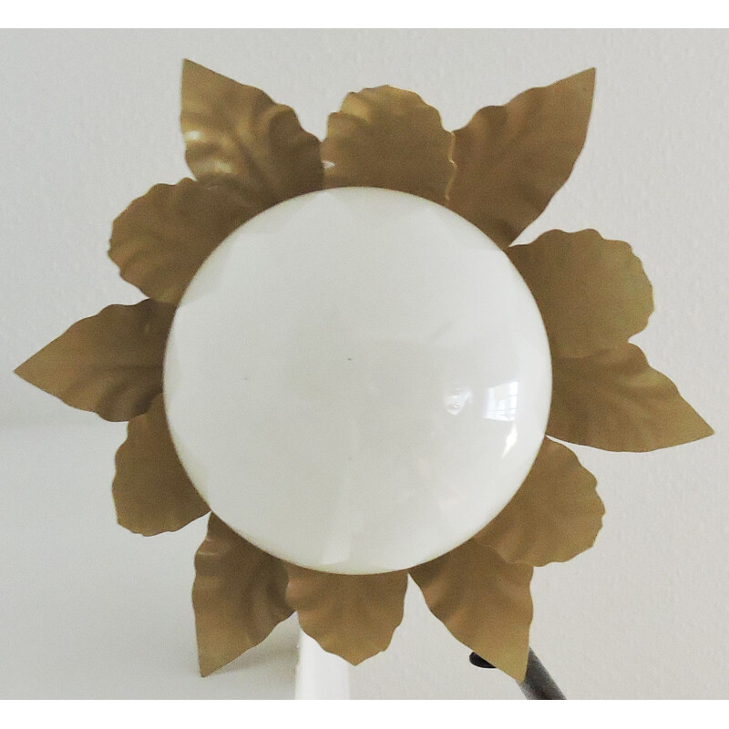 Vintage gold and white leaf ceiling lamp in glass and metal 1970