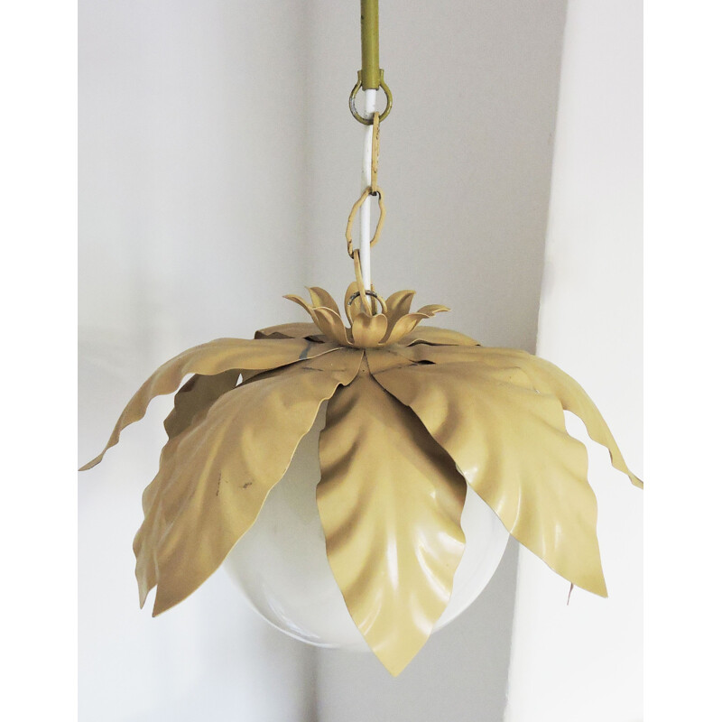 Vintage gold and white leaf ceiling lamp in glass and metal 1970