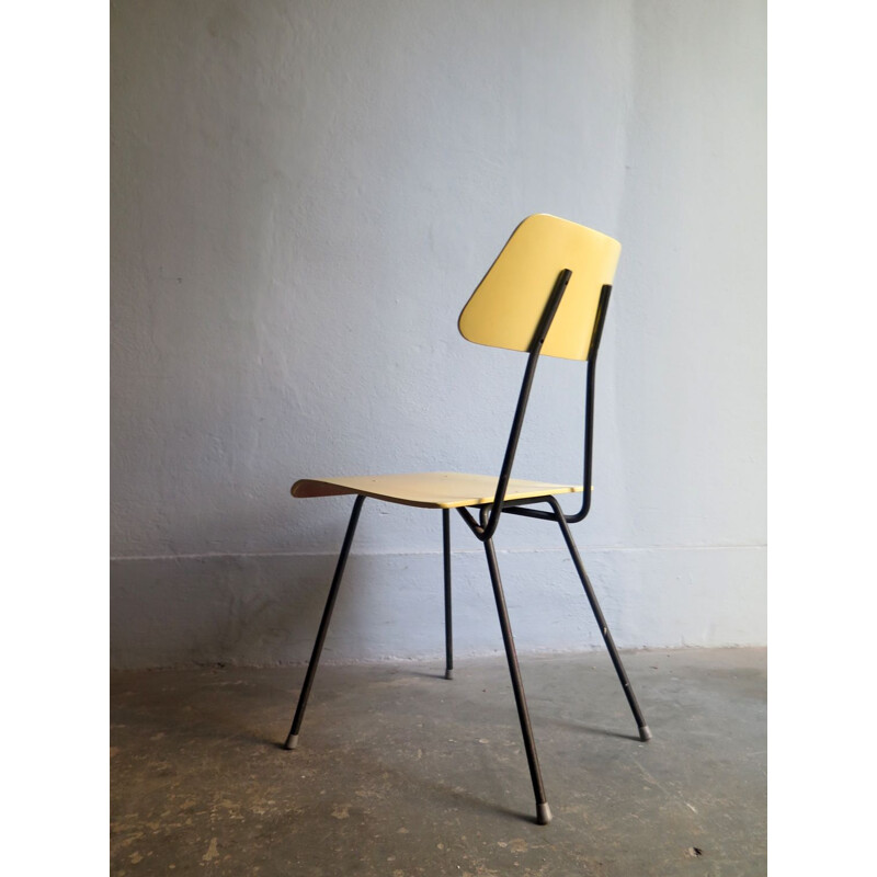 Vintage yellow painted wood and black metal frame chair