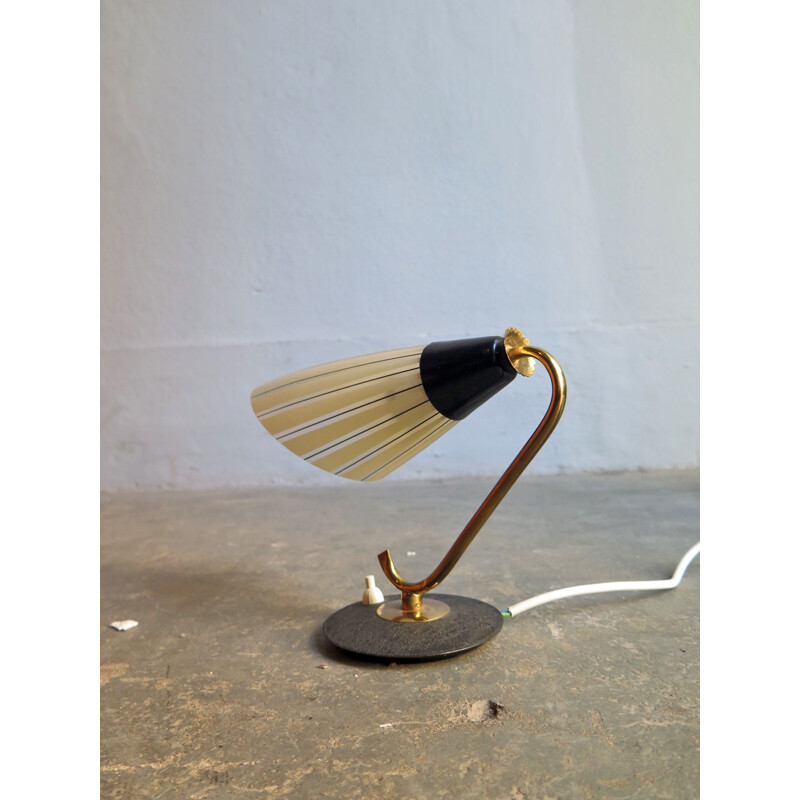 Vintage bedside table lamp in glass with brass arm 1950
