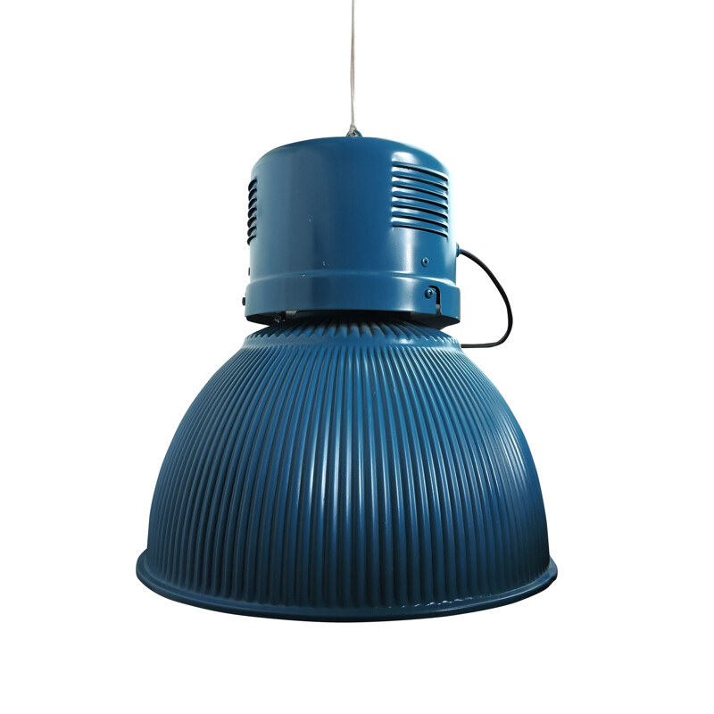 Lampe vintage en métal bleu strié, 1960