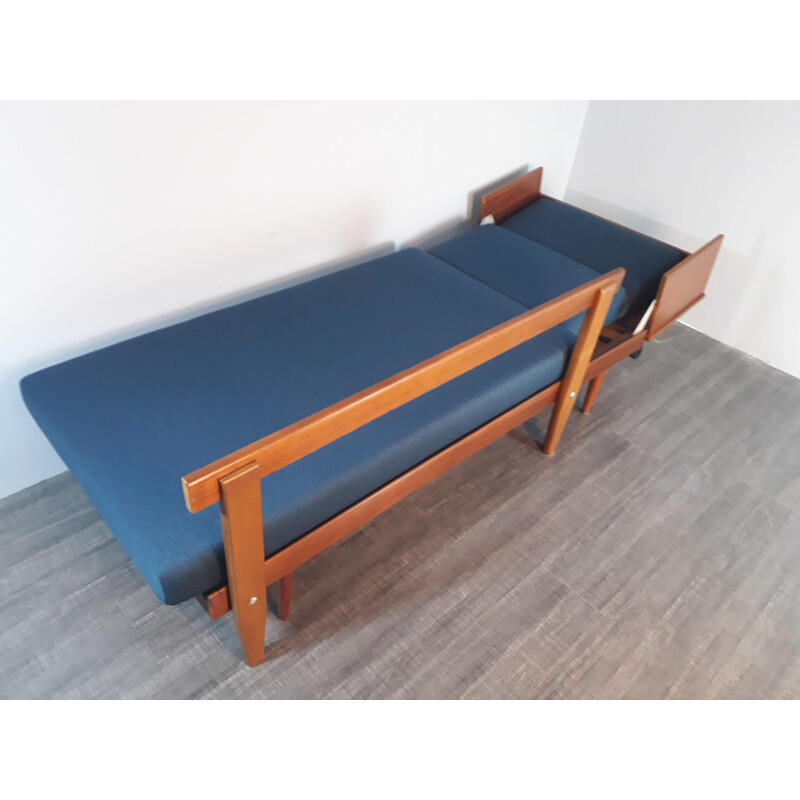 Vintage Norwegian sofa for Ekornes in wood and blue fabric