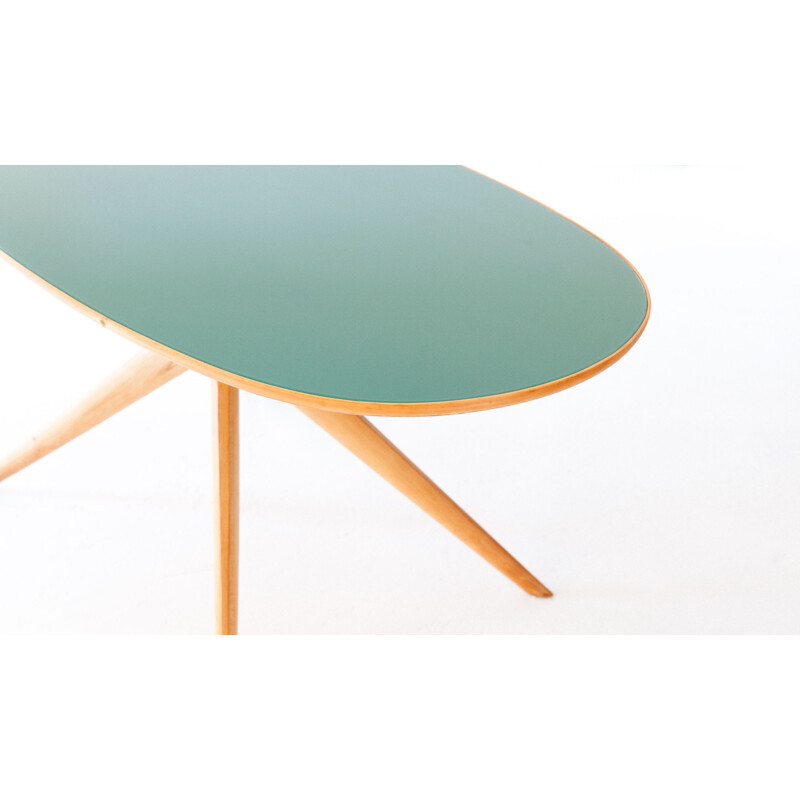 Vintage italian elliptical beechwood and light green glass table