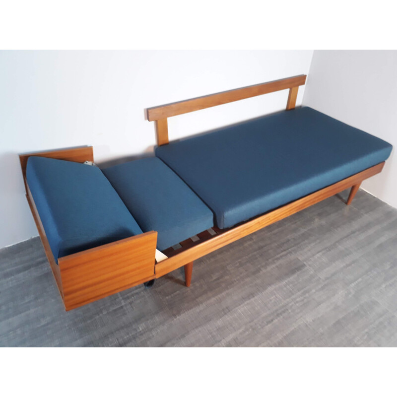 Vintage Norwegian sofa for Ekornes in wood and blue fabric