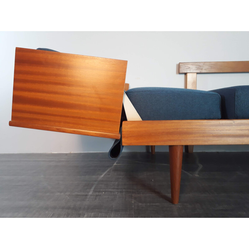 Vintage Norwegian sofa for Ekornes in wood and blue fabric