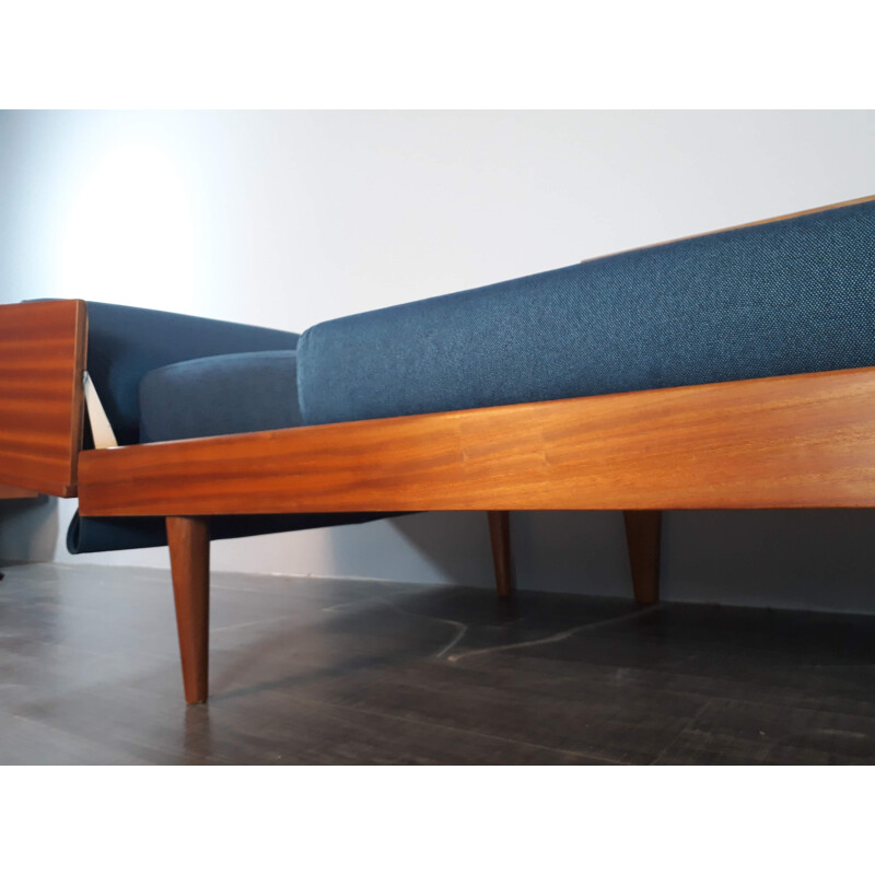 Vintage Norwegian sofa for Ekornes in wood and blue fabric