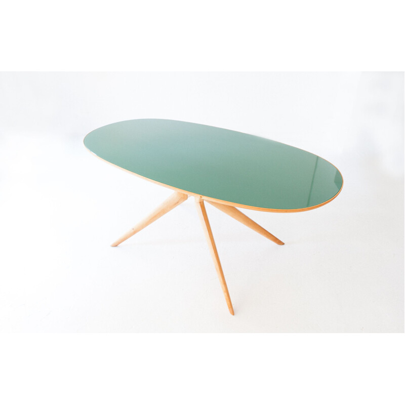 Vintage italian elliptical beechwood and light green glass table
