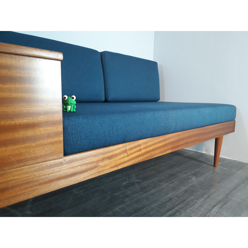 Vintage Norwegian sofa for Ekornes in wood and blue fabric