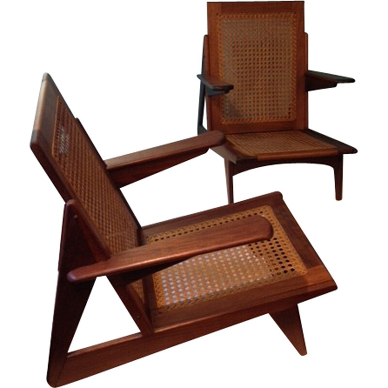 Pair of low chairs with cane and jacaranda - 1950s