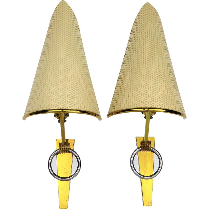 Pair of vintage brass and metal wall lamps, France 1950