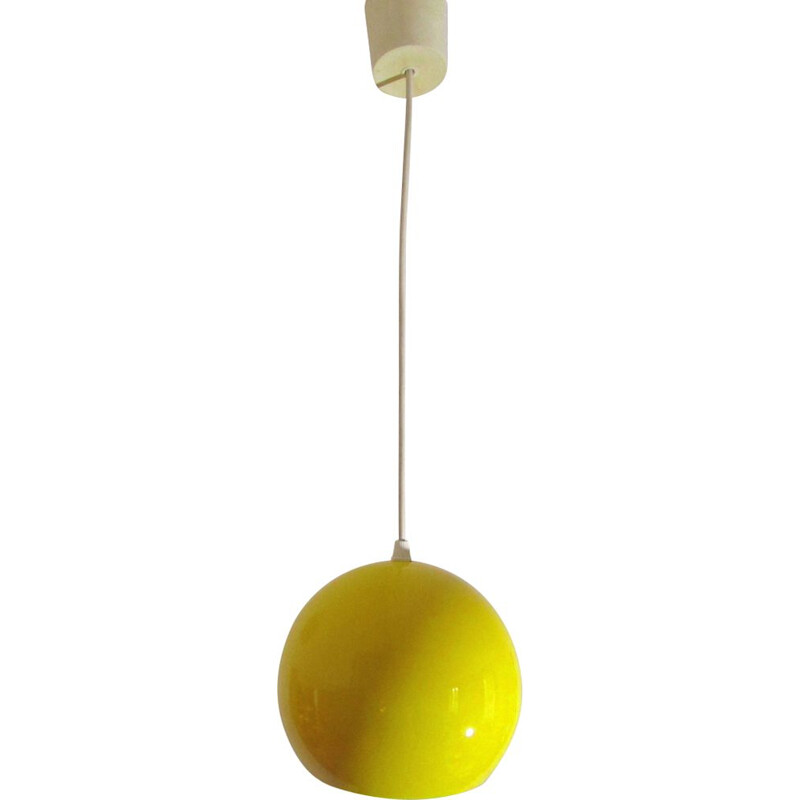 Vintage ball yellow enamelled metal hanging lamp 1970