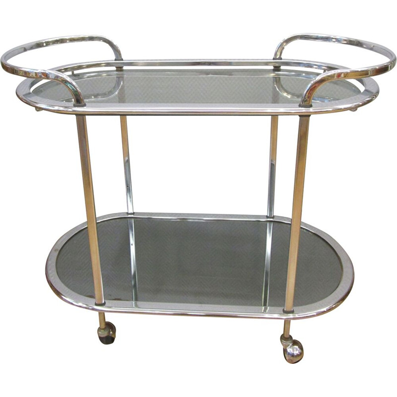 Vintage french trolley in chromed metal and glass 1970