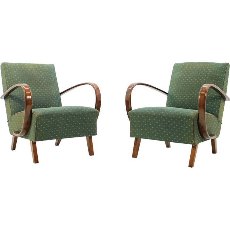 Set of 2 vintage armchairs by Jindřich Halabala in oakwood and green fabric