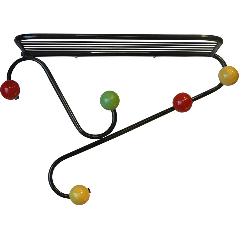 Vintage wall coats rack in wood and metal - 1950s
