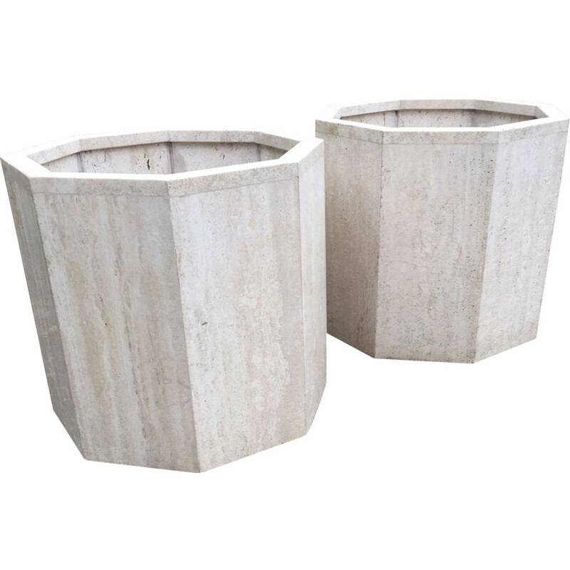Set of 2 vintage French planters in travertine