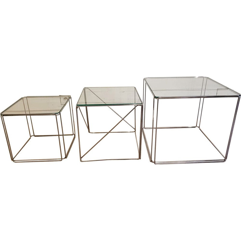 Vintage cubic nesting tables in glass and chrome by Max Sauze