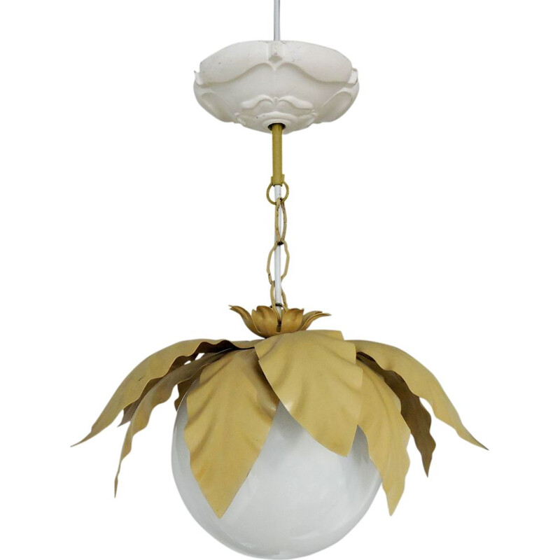 Vintage gold and white leaf ceiling lamp in glass and metal 1970