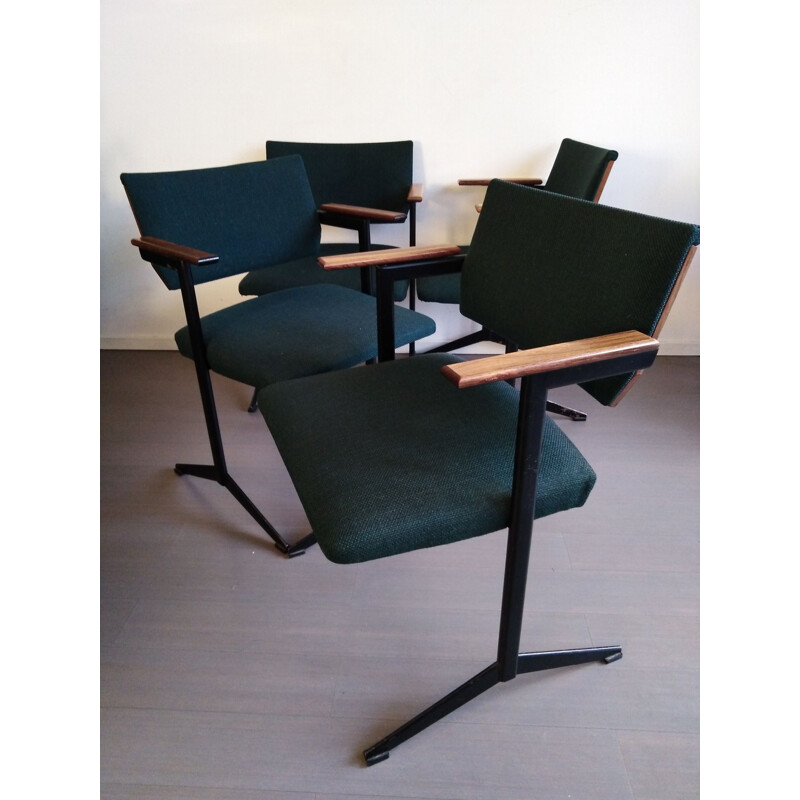 Set of 4 vintage green armchairs for Auping in metal and teak 1960