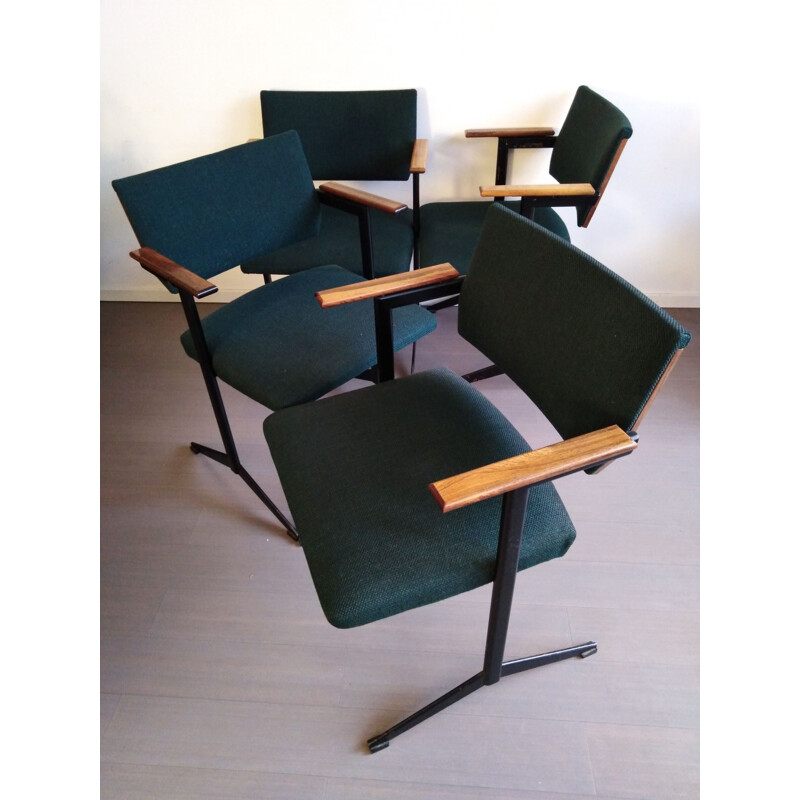 Set of 4 vintage green armchairs for Auping in metal and teak 1960