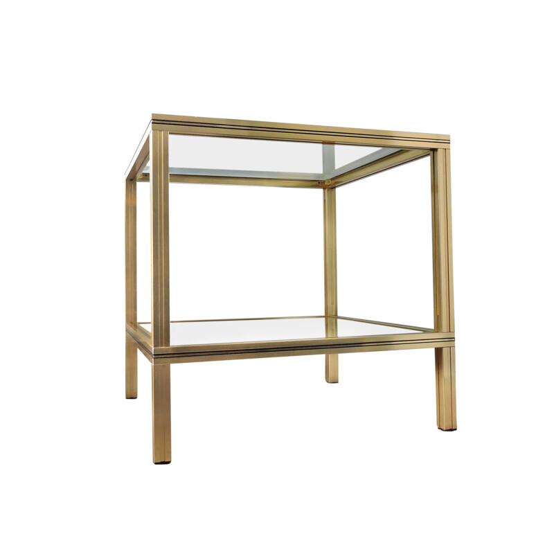 Vintage French square side table in brass and glass by Pierre Vandel