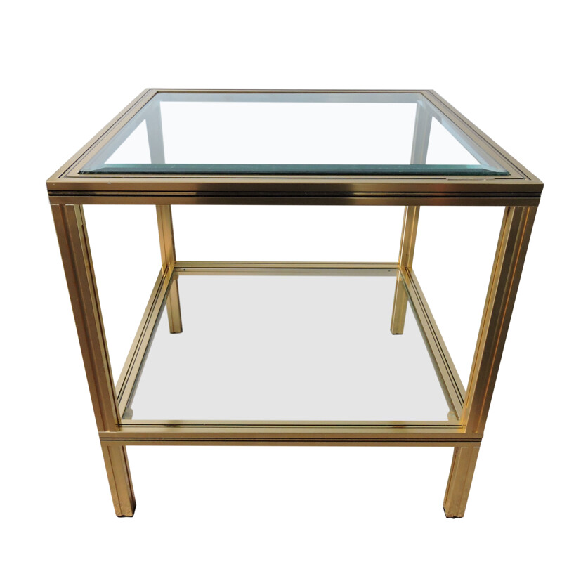 Vintage French square side table in brass and glass by Pierre Vandel