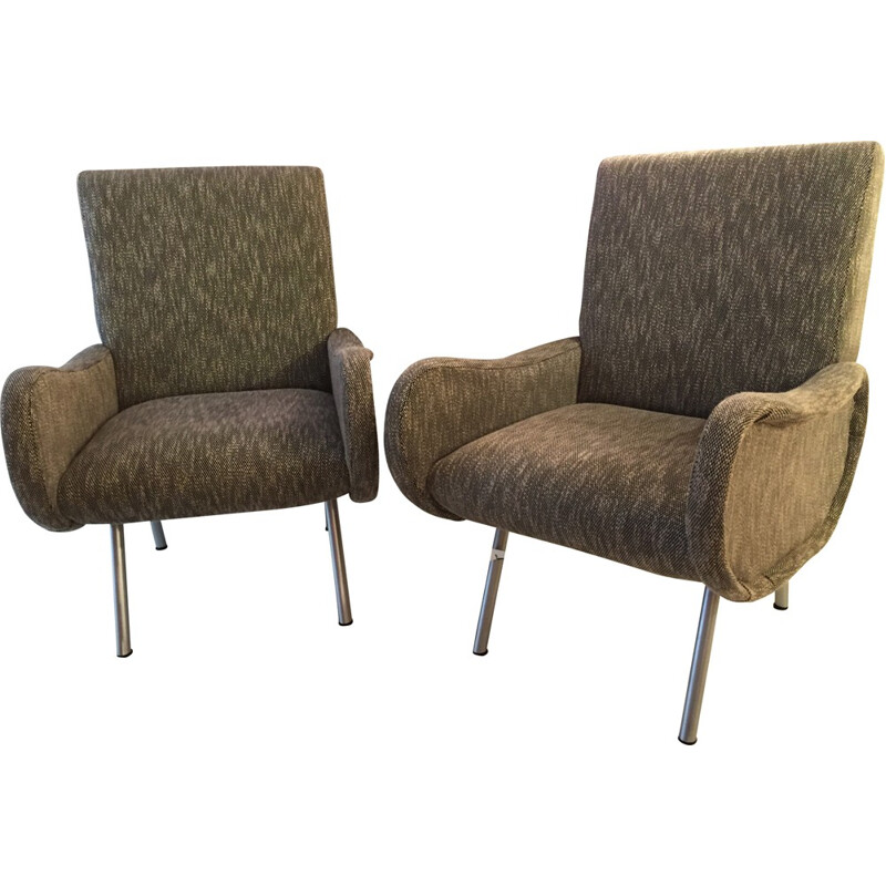 Pair of Italian armchairs in metala dn grey fabric - 1960s