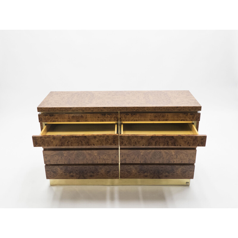 Vintage French chest of drawers in elm wood and brass by J.C. Mahey