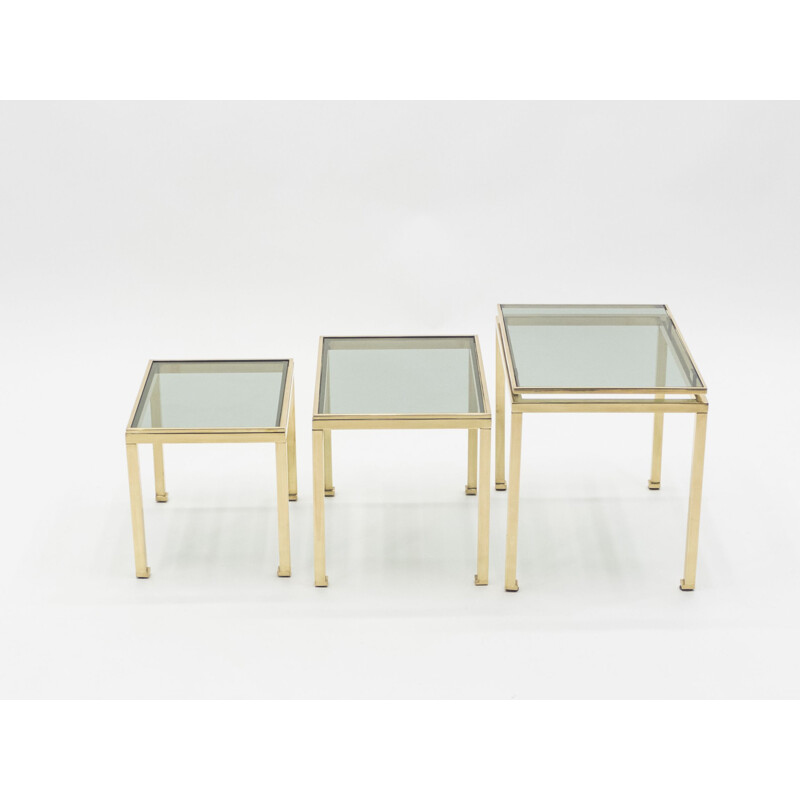 Suite de 3 tables gigognes vintage en laiton par Guy Lefevre pour Maison Jansen