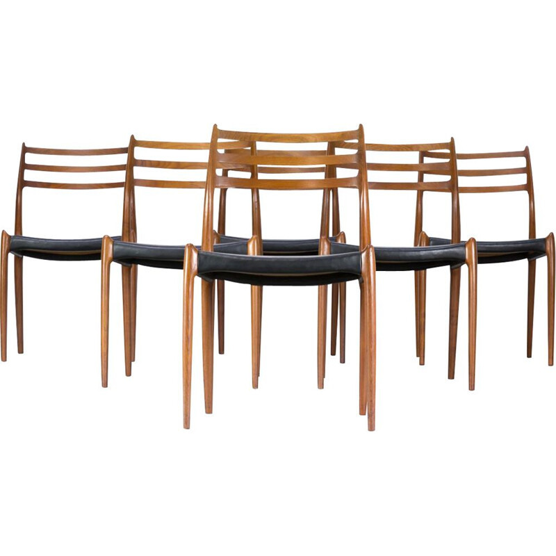 Set of 6 vintage model 78 black chairs for J.L. Møller in teak