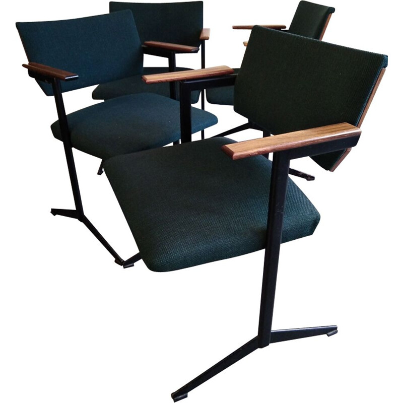 Ensemble de 4 fauteuils vintage verts pour Auping en métal et teck 1960