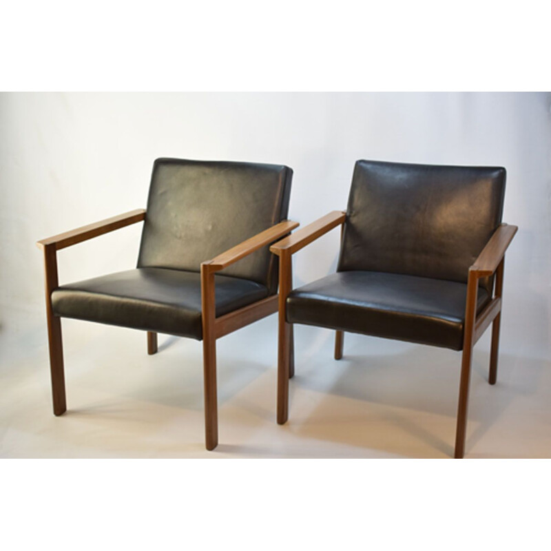 Fauteuil vintage scandinave en teck et cuir noir 1960