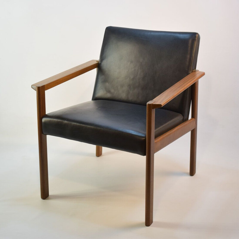 Vintage scandinavian armchair in teak and black leather 1960