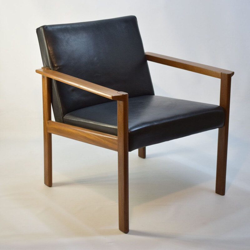 Fauteuil vintage scandinave en teck et cuir noir 1960