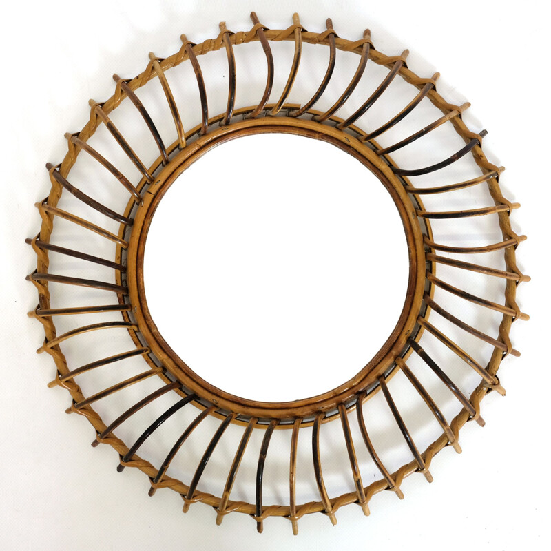 Vintage round mirror in rattan