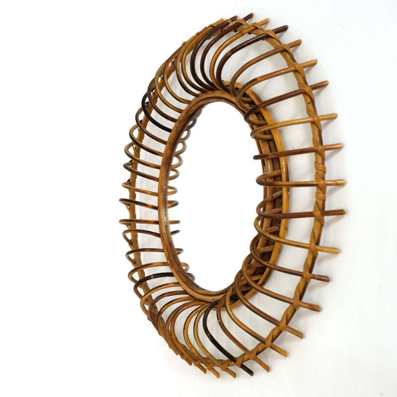 Vintage round mirror in rattan