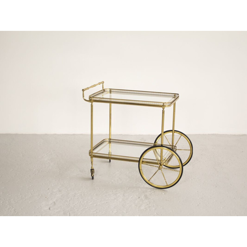 Vintage French serving cart in brass and glass by Maison Baguès