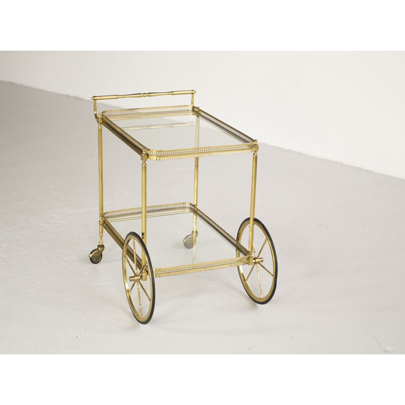 Vintage French serving cart in brass and glass by Maison Baguès