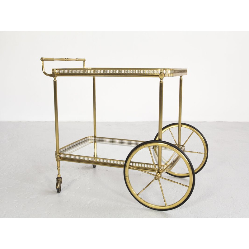 Vintage French serving cart in brass and glass by Maison Baguès