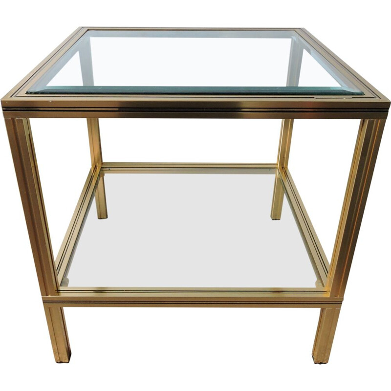 Vintage French square side table in brass and glass by Pierre Vandel