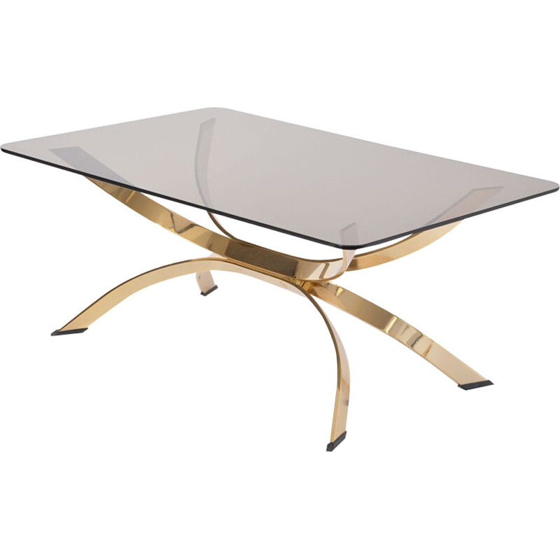 Table basse vintage en métal couleur or avec plateau en verre fumé
