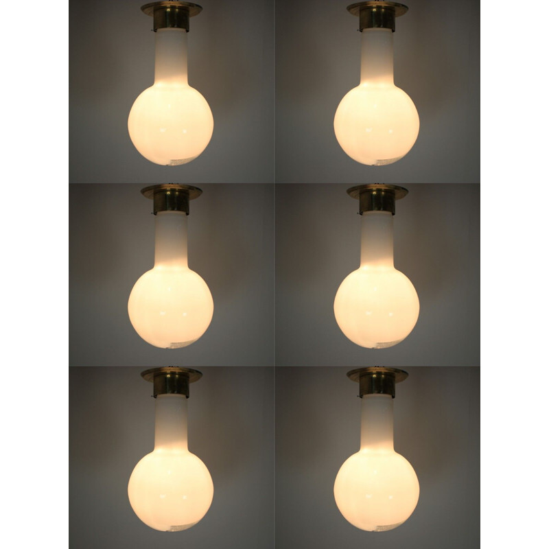 Set of 6 vintage pendants lights in glass and brass 1970s