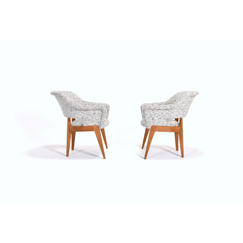 Pair of vintage Bridge armchairs in fabric and oak 1950