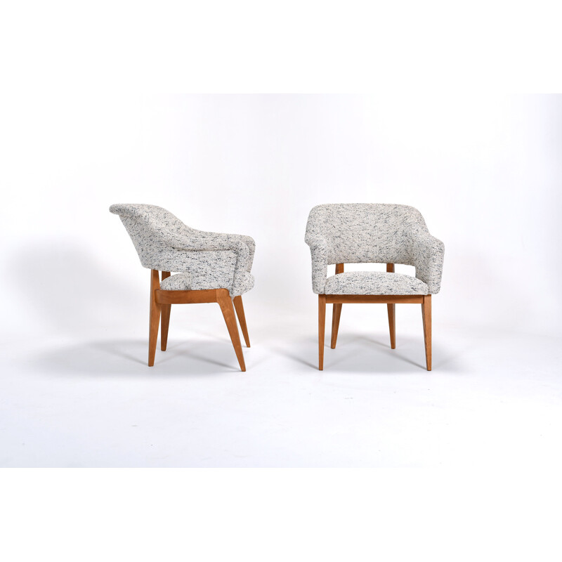 Pair of vintage Bridge armchairs in fabric and oak 1950